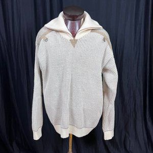 Men's Sweater Argentina‎ Knit Leather Patches 1/8 Zip Size L Off White Cream XL